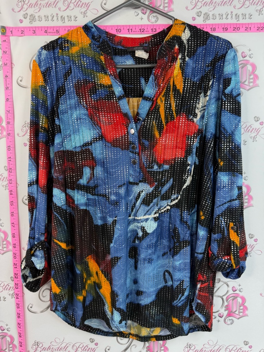 Cocomo blouse long sleeve 3D studded Multicolor Abstract Print V-Neck Blouse